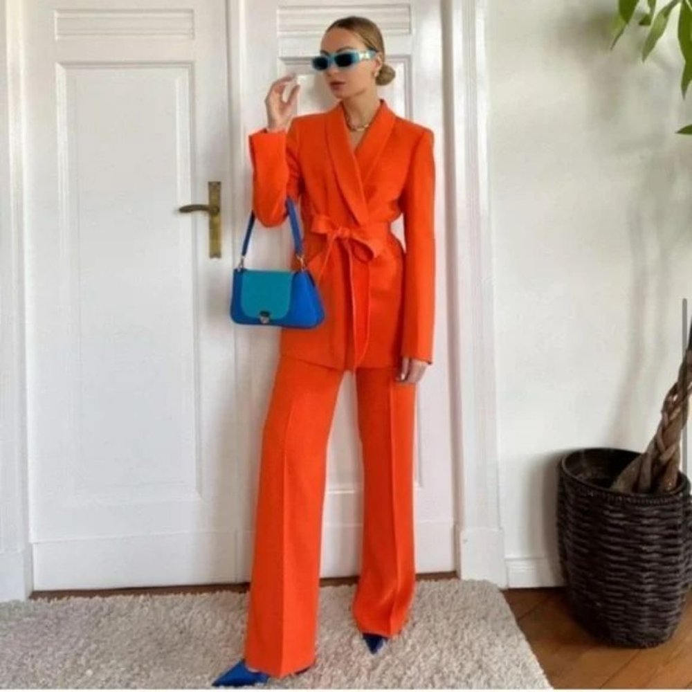 ZARA 2 PIECE BELTED TUXEDO COLLAR BLAZER AND HIGH WAISTED PANTS